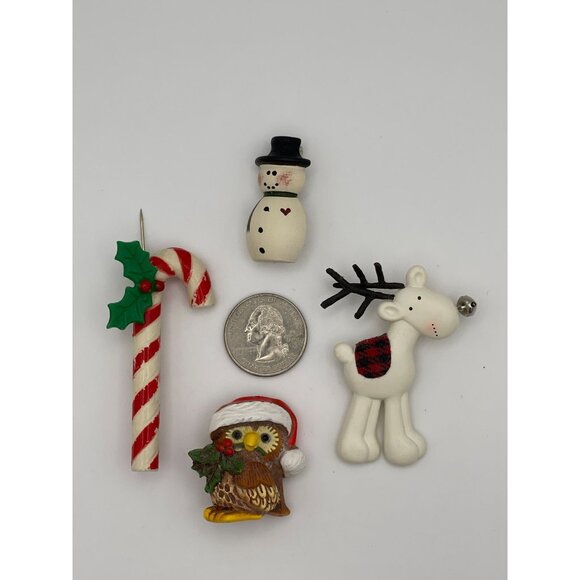 4 pc Lot Christmas Brooches Snowman, Candy Cane, Reindeer, Owl - Picture 11 of 11